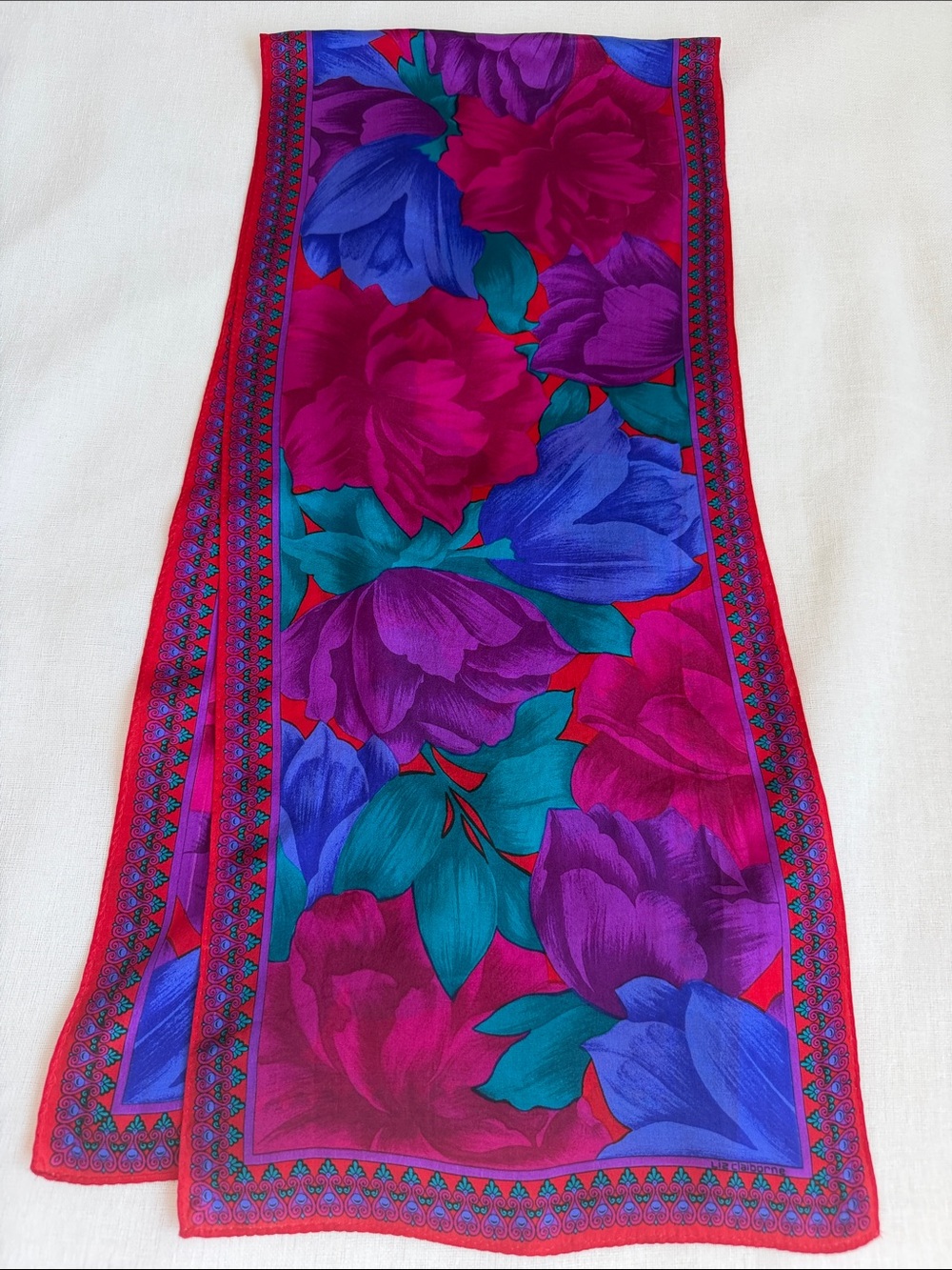 Liz Claiborne Floral Scarf in Fuchsia, Purple & Blue 11.5”-52”